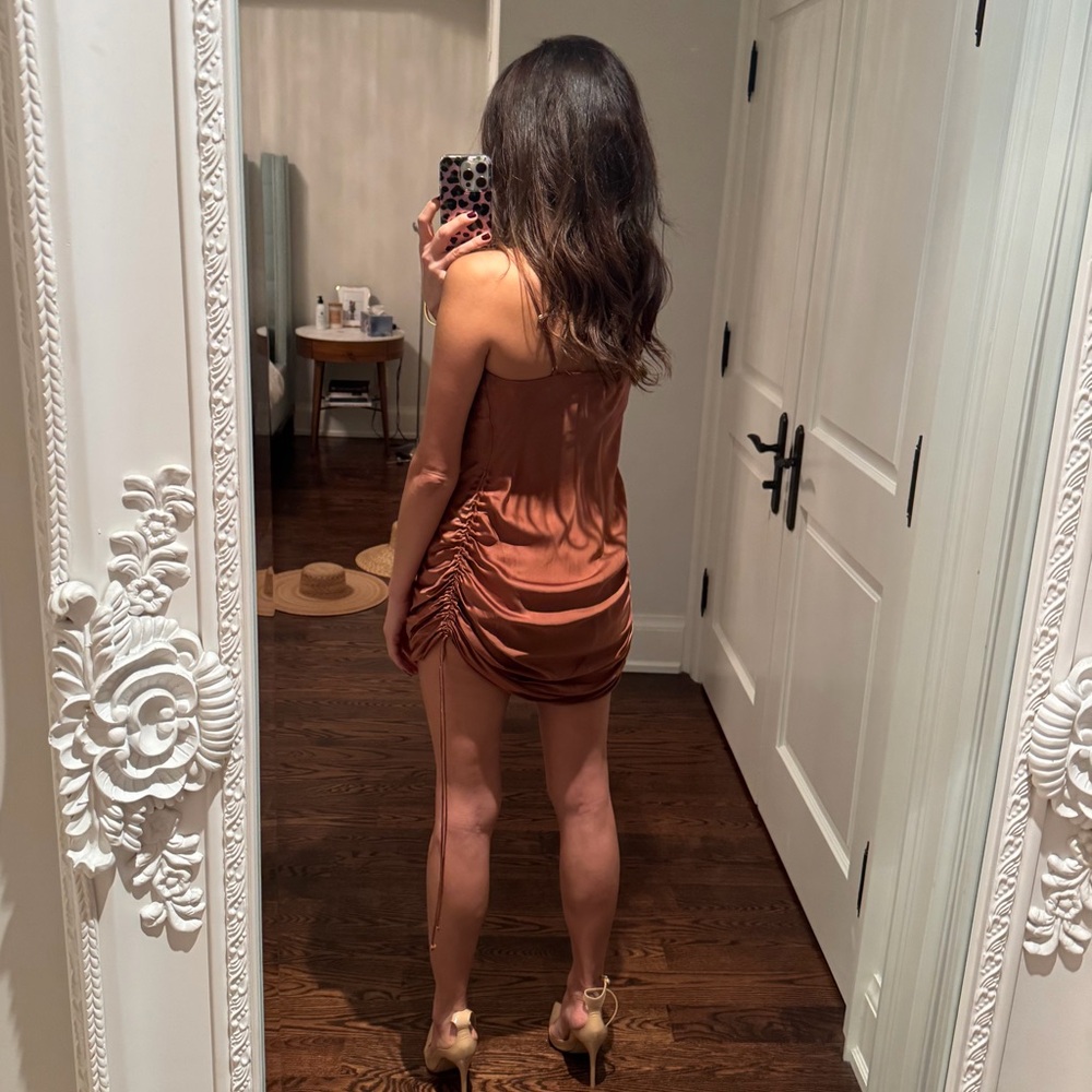 Aritzia Wilfred Satin Only Ruched Slip Mini Dress in Rich Brown - Picture 9 of 9
